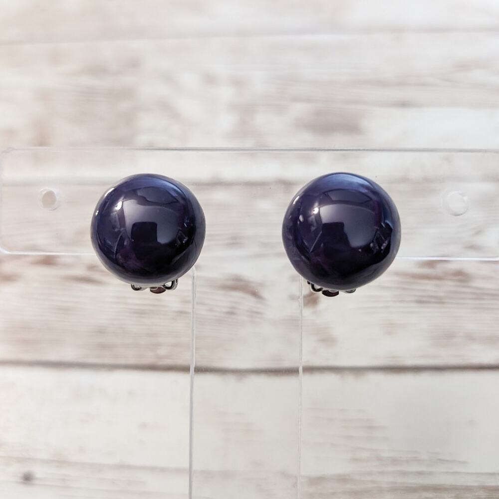 Vintage Clip On Earrings - Very Dark Violet Tone Domed - 0.75"